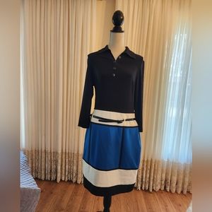 Blue black and white colour block dress